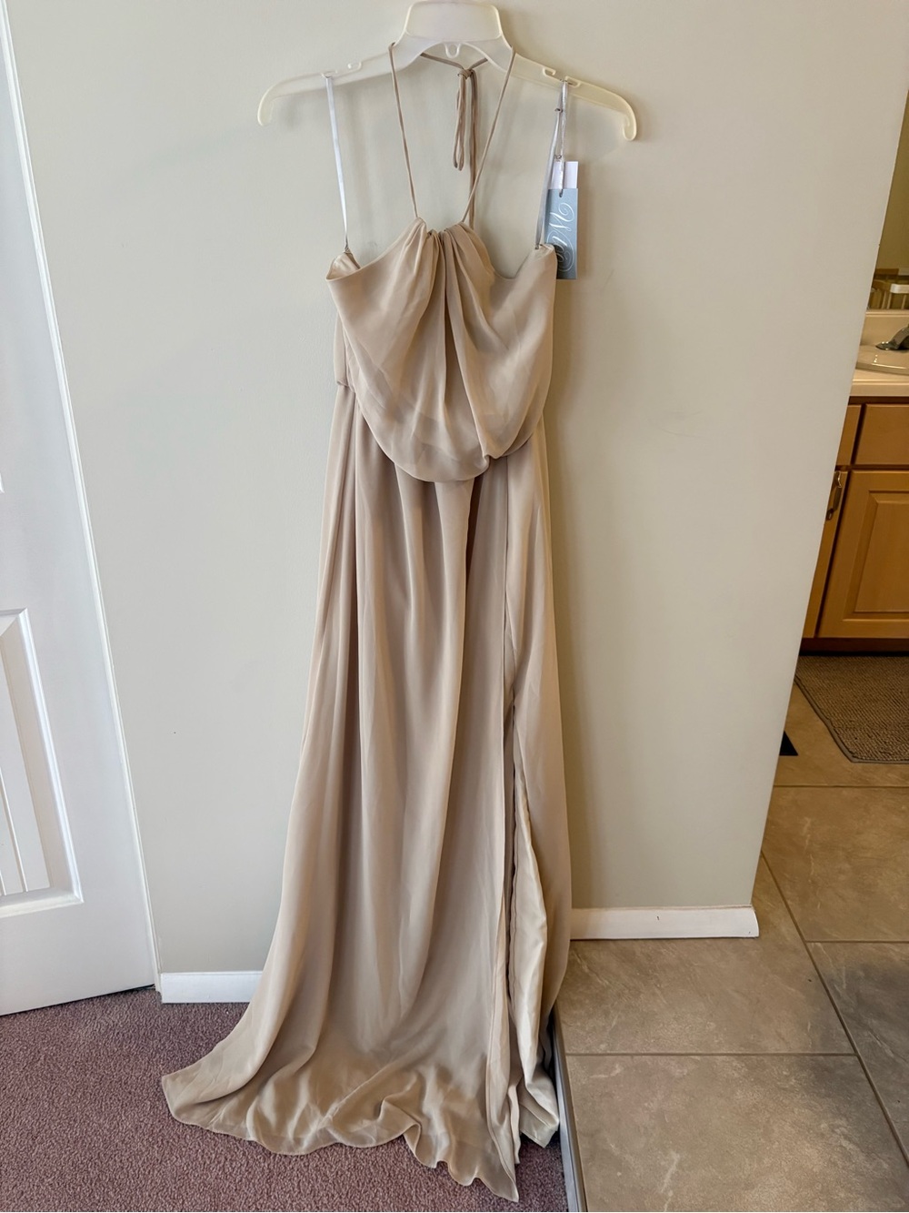 Watters Beige Halter Maxi Bridesmaid Dress